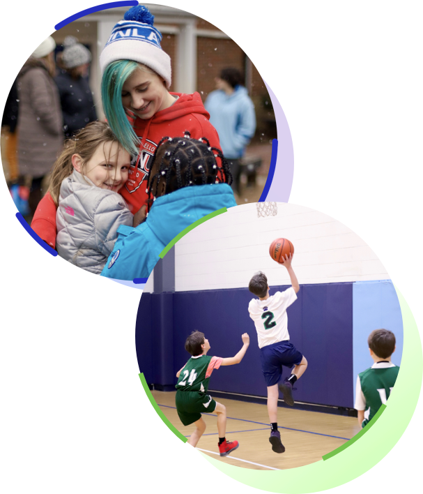 kids hugging and playing basketball