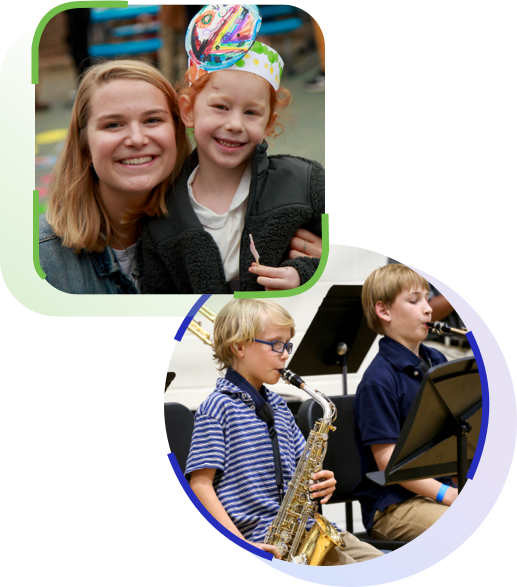 kids smiling with teacher and playing saxophone